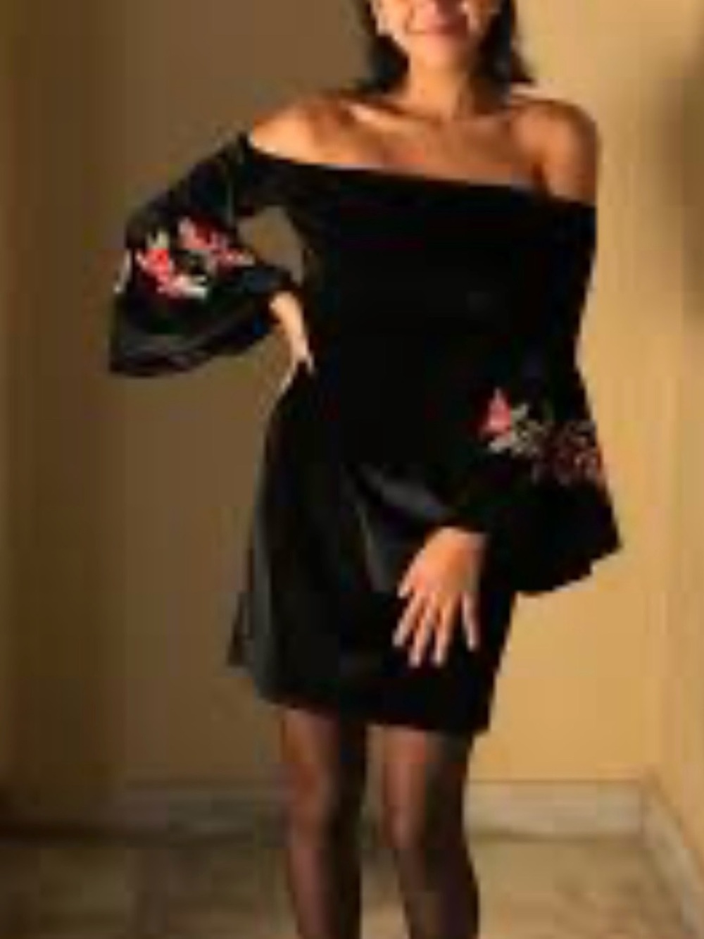 Hot & Delicious Black Velvet Off-Shoulder Dress with Red Floral Embroidery